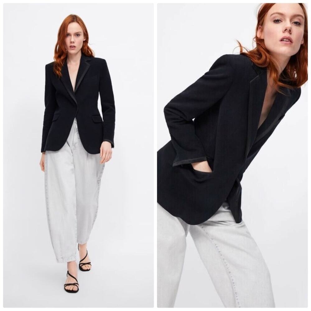 Zara‎ Women's Contrasting Velvet Blazer Navy Blue Size XS